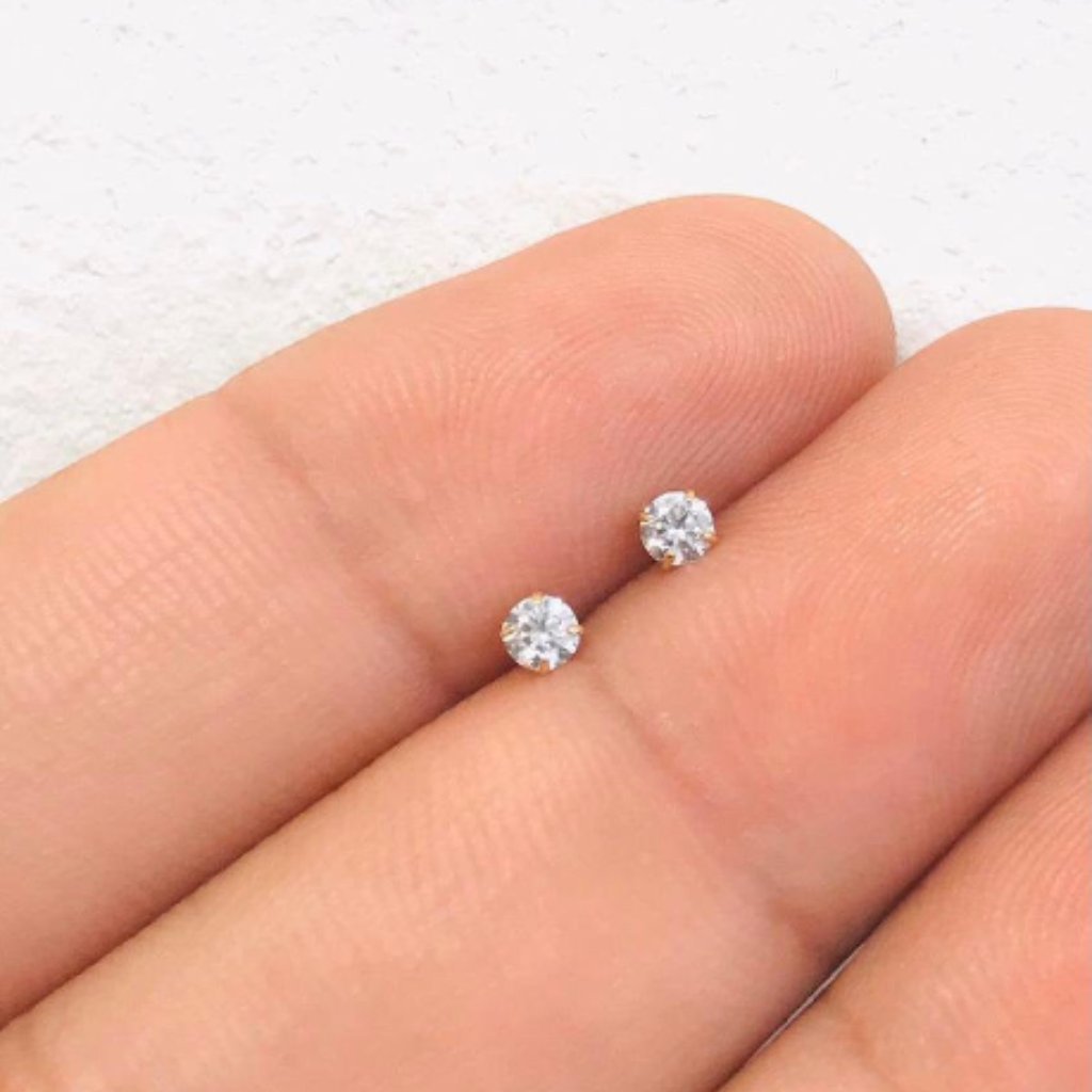 14k Solid Yellow Gold Basket Round Cz Stud Earring